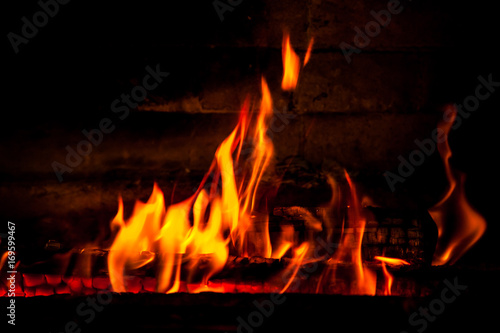 firewood burning fire on a black background