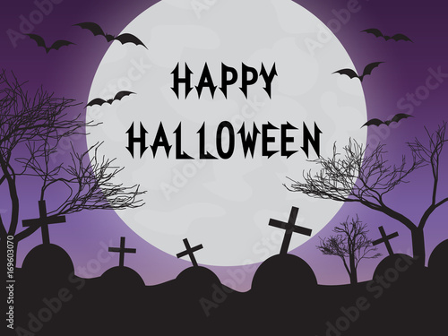 big moon, graves, black trees, bats and the text "happy Halloween"