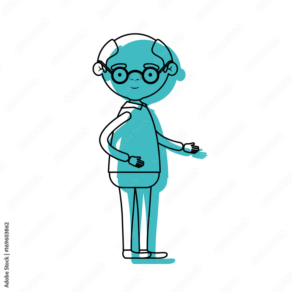 full body elderly man in clothes with glasses in blue watercolor silhouette full body elderly man in clothes with glasses in blue watercolor silhouette