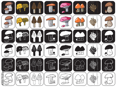 mushrooms icons on black and white