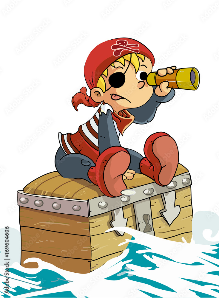 niño pirata con cofre del tesoro vector de Stock | Adobe Stock