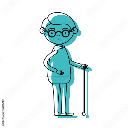 full body elderly man in walking stick with glasses in blue watercolor silhouette