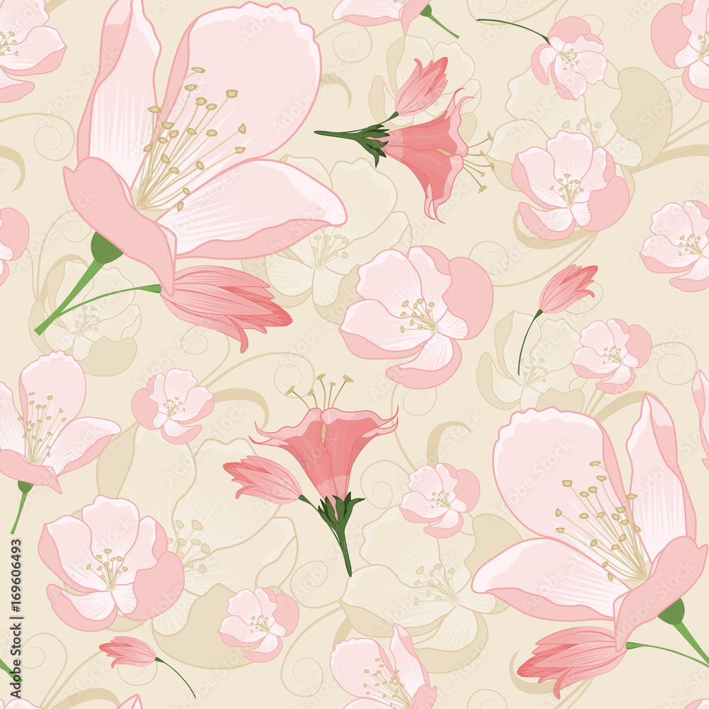 rose and golden flowers vector seamless background