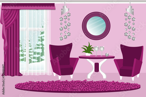 The interior of the living room. Comfortable and luxurious interior room. Chairs , table, crystal chandelier, winter landscape. Cartoon. Vector.
