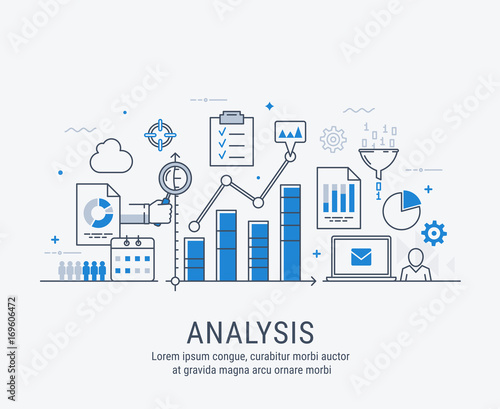 Modern thin line design for analysis website banner. Vector illustration concept for business analysis, market research, product testing, data analysis.
 photo