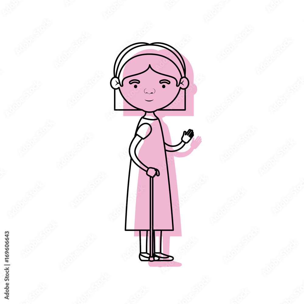 full body elderly woman in walking stick with dress and bow lace straight short hairstyle in pink watercolor silhouette full body elderly woman in walking stick with dress and bow lace straight short hairstyle in pink watercolor silhouette