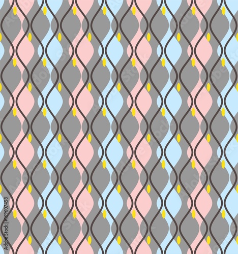 Curves, abstract, decorative background, seamless, gray-blue, vector. Vertical pink and blue wide lines on a gray field. Line rhythmically constrict and dilate. Geometric, colored background.  