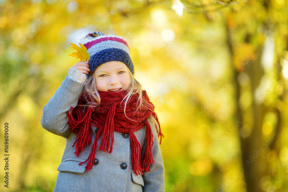 Cute little girl having fun on beautiful autumn day. Happy child playing in autumn park. Kid gathering yellow fall foliage. Cute little girl having fun on beautiful autumn day. Happy child playing in autumn park. Kid gathering yellow fall foliage.