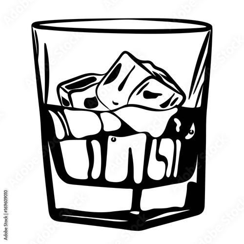 Glass of alcohol. Glass with ice. Black and white. Vector