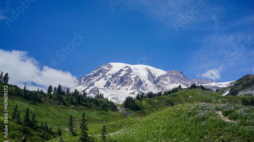 Mount Rainier with Blue sky and Clouds