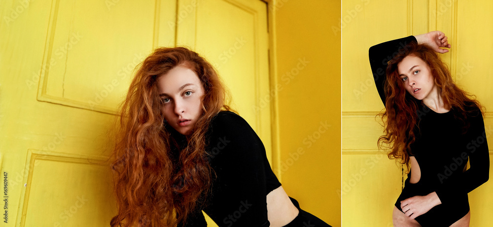 Model tests. Beautiful redhead girl with curly hair. Natural color. Great contrast with yellow wooden doors Model tests. Beautiful redhead girl with curly hair. Natural color. Great contrast with yellow wooden doors