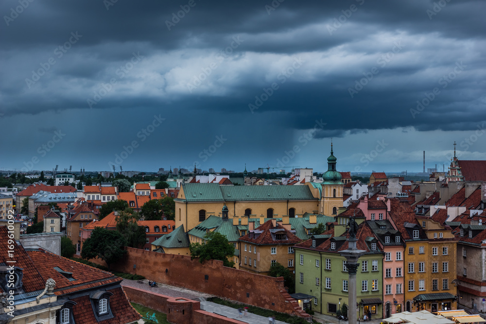 Rain clouds over church saint Martin in Warsaw, Poland