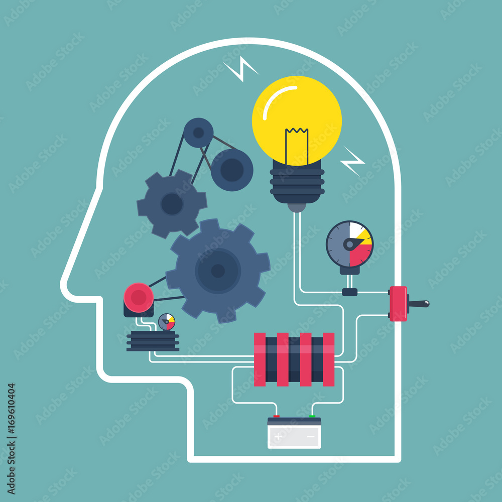 Think idea. Concept of the functioning of the human brain. Vector illustration.