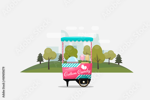 Cotton candy cart, kiosk on wheels, retail, sweets and confectionery, isolated and fle style Vector Illustration.