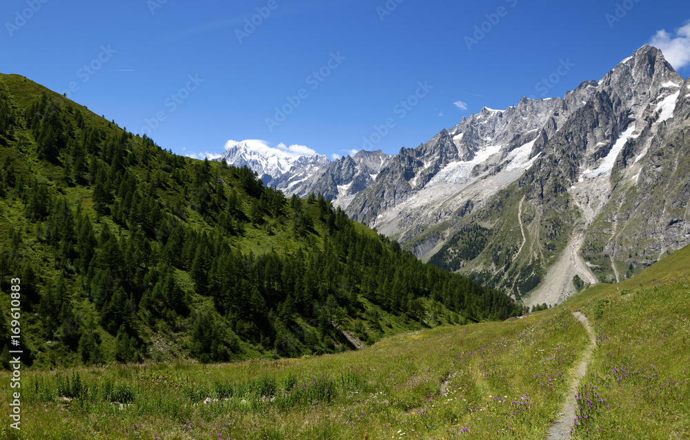 Mountain path overlooking Mont Blanc. Tour du Mont Blanc