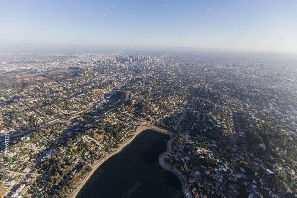 Aerial view of Silver Lake, Echo Park and downtown Los Angeles in Southern California.  