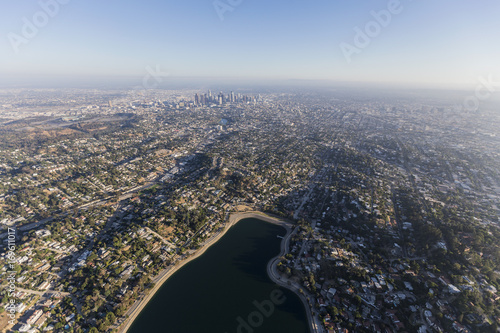 Aerial view of Silver Lake, Echo Park and downtown Los Angeles in Southern California. 
