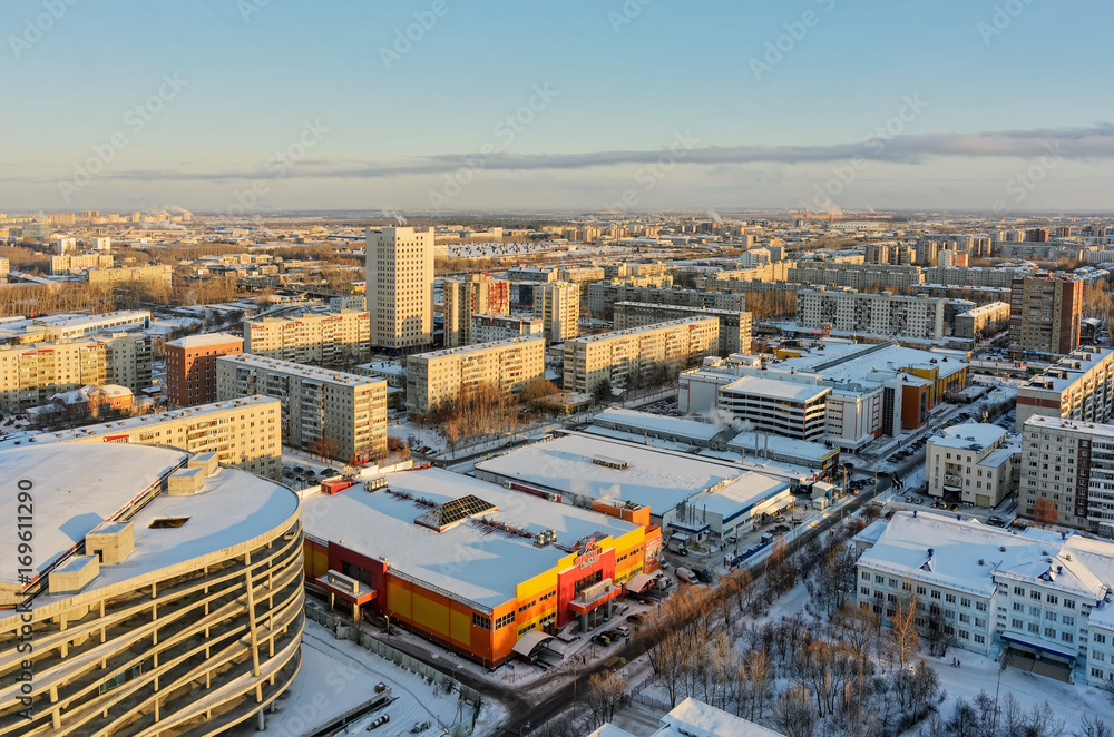 Tyumen, Russia - December 2, 2016: Aerial view on residential area No.4, building of JSC Siberian Scientific Analytical Center and Solnechniy shopping center
