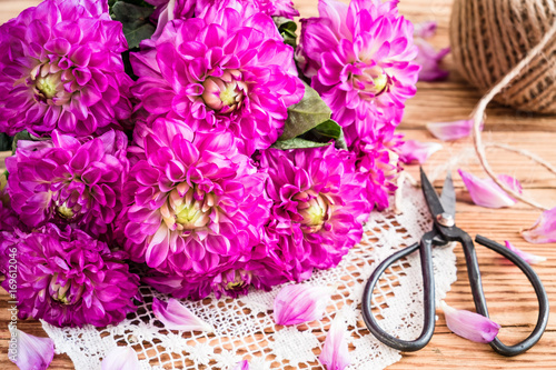 Fototapeta Naklejka Na Ścianę i Meble -  Dahlienstrauß mit Schere, Querformat