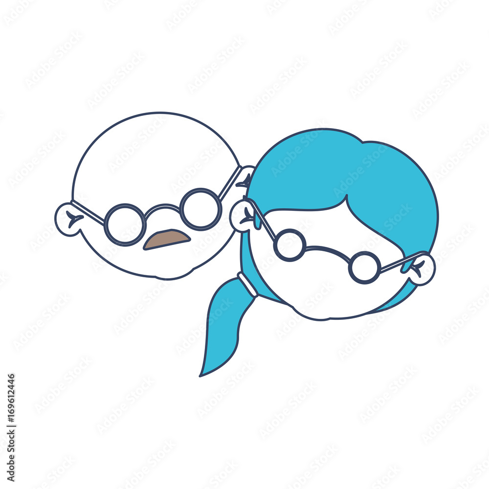 Obraz premium faceless caricature elderly couple bald grandfather with moustache and grandmother with glasses and side ponytail hairstyle in color section silhouette