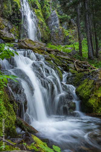 Deep forest waterfalls taken with slow shutter for blur.