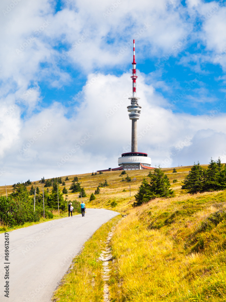 Obraz premium Asphalt road leading to TV transmitter and lookout tower on the summit of Praded Mountain, Hruby Jesenik, Czech Republic.