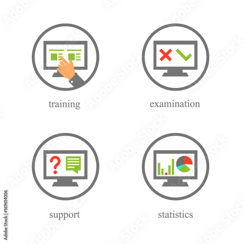 Online training and testing icons / Solid fill vector icons in light style
