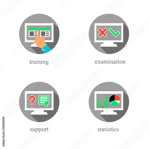 Online training and testing icons / Solid fill vector icons in flat style
