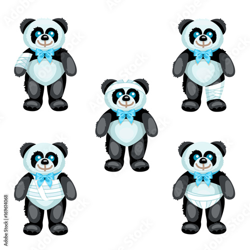 Black and white plush panda with bandages around the different parts of its body / There are five same plush pandas with bandages on the hand, head, leg, thorax and perineum
