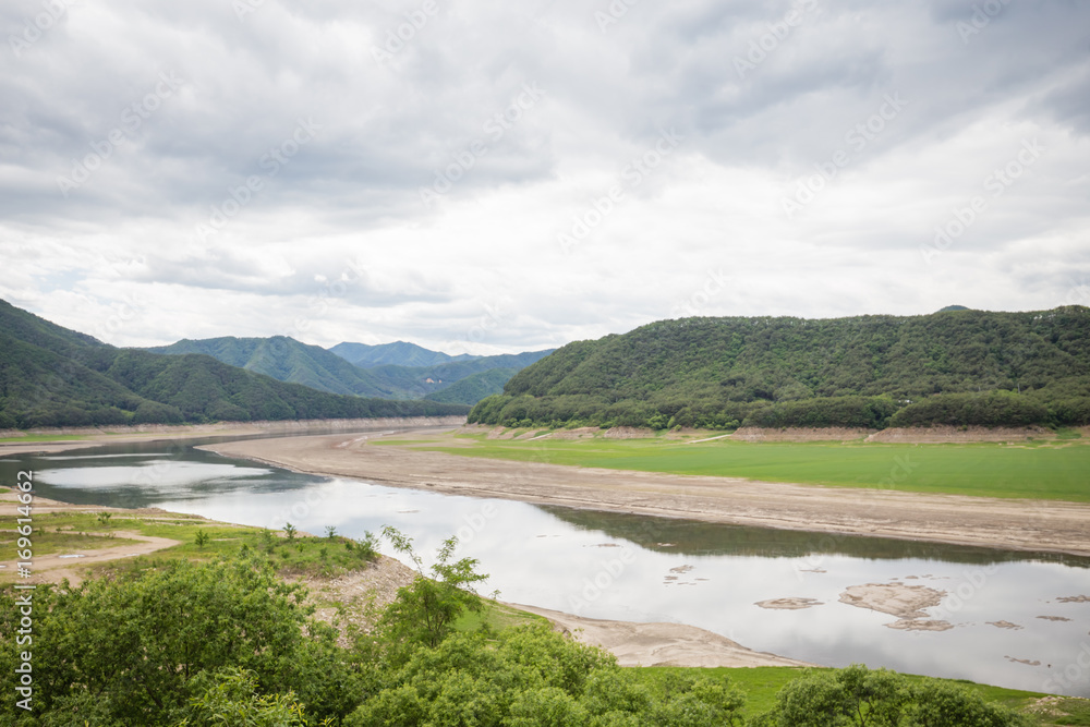 river, moutain, cloud, sky, korea