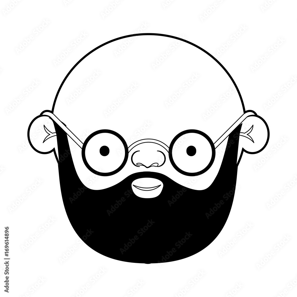 caricature face bald grandfather with beard and glasses in black silhouette  sections Stock Vector | Adobe Stock