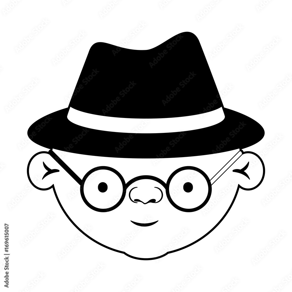 caricature face bald grandfather with glasses and hat in black silhouette sections caricature face bald grandfather with glasses and hat in black silhouette sections