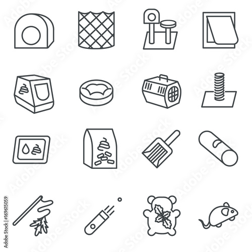 Cat care items as line icons / There are some cat’s care items like pillow, toys, litter, and brush

