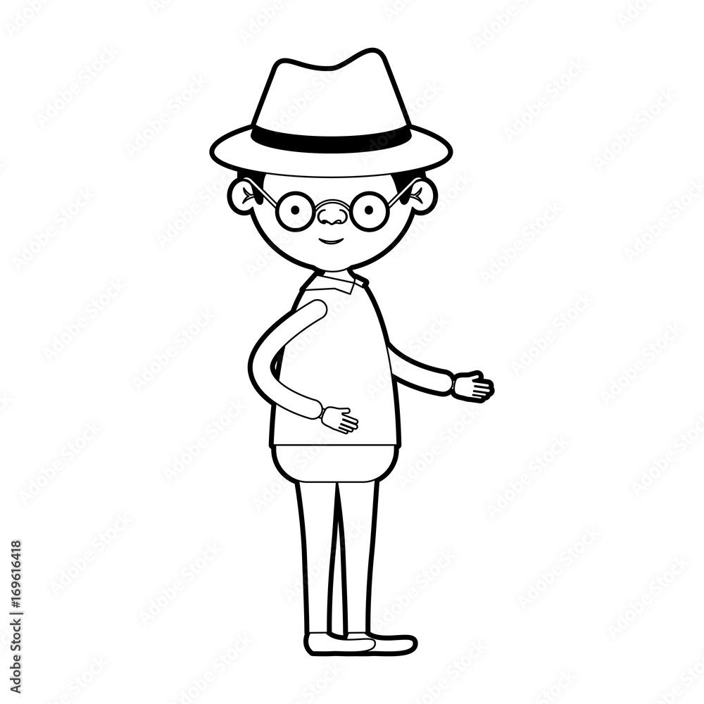 caricature full body elderly man in clothes with hat with glasses in black silhouette sections caricature full body elderly man in clothes with hat with glasses in black silhouette sections