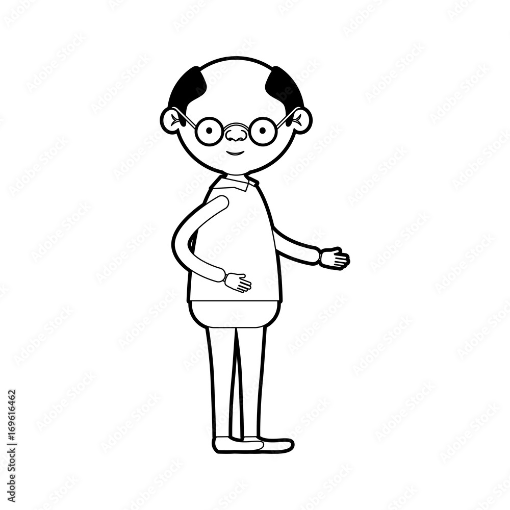caricature full body elderly man in clothes with glasses in black silhouette sections caricature full body elderly man in clothes with glasses in black silhouette sections