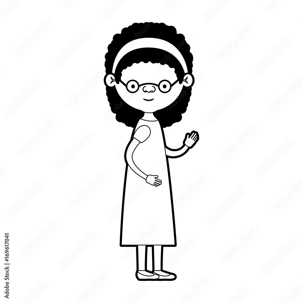 caricature full body elderly woman in dress with bow lace and curly hairstyle with glasses in black silhouette sections caricature full body elderly woman in dress with bow lace and curly hairstyle with glasses in black silhouette sections