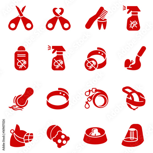 Dog care items as glyph icons, set two / There are some dog and cat care items like scissors, toothbrush, toys and breast-band
