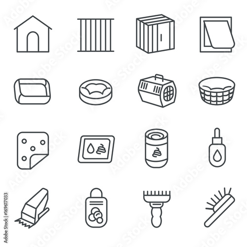 Dog care items as line icons, set one / There are some dog and cat care items like pillow, cage, toilet, and brush
