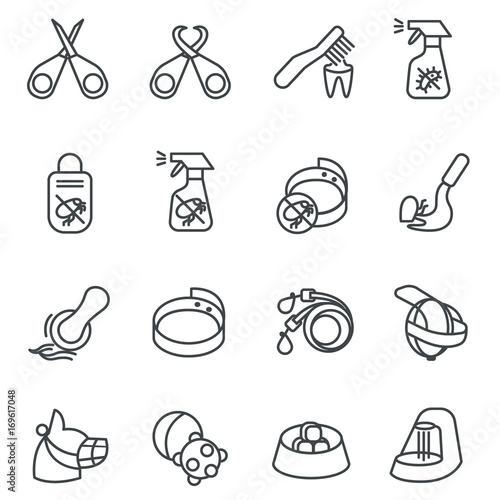 Dog care items as line icons, set two / There are some dog and cat care items like scissors, toothbrush, toys and breast-band
