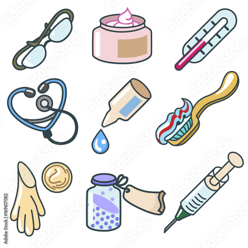 medicines and pharmaceutical products icon set