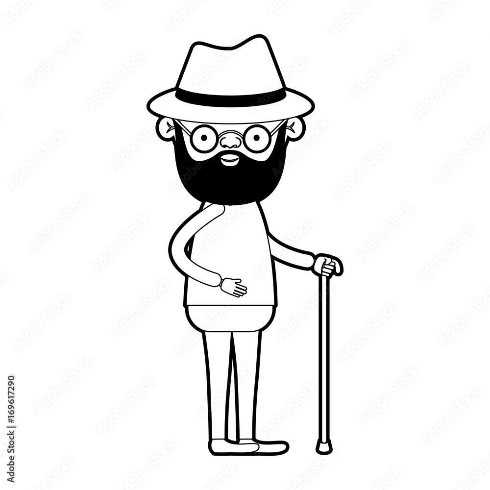 caricature full body elderly man in walking stick with beard and hat with glasses in black silhouette sections caricature full body elderly man in walking stick with beard and hat with glasses in black silhouette sections