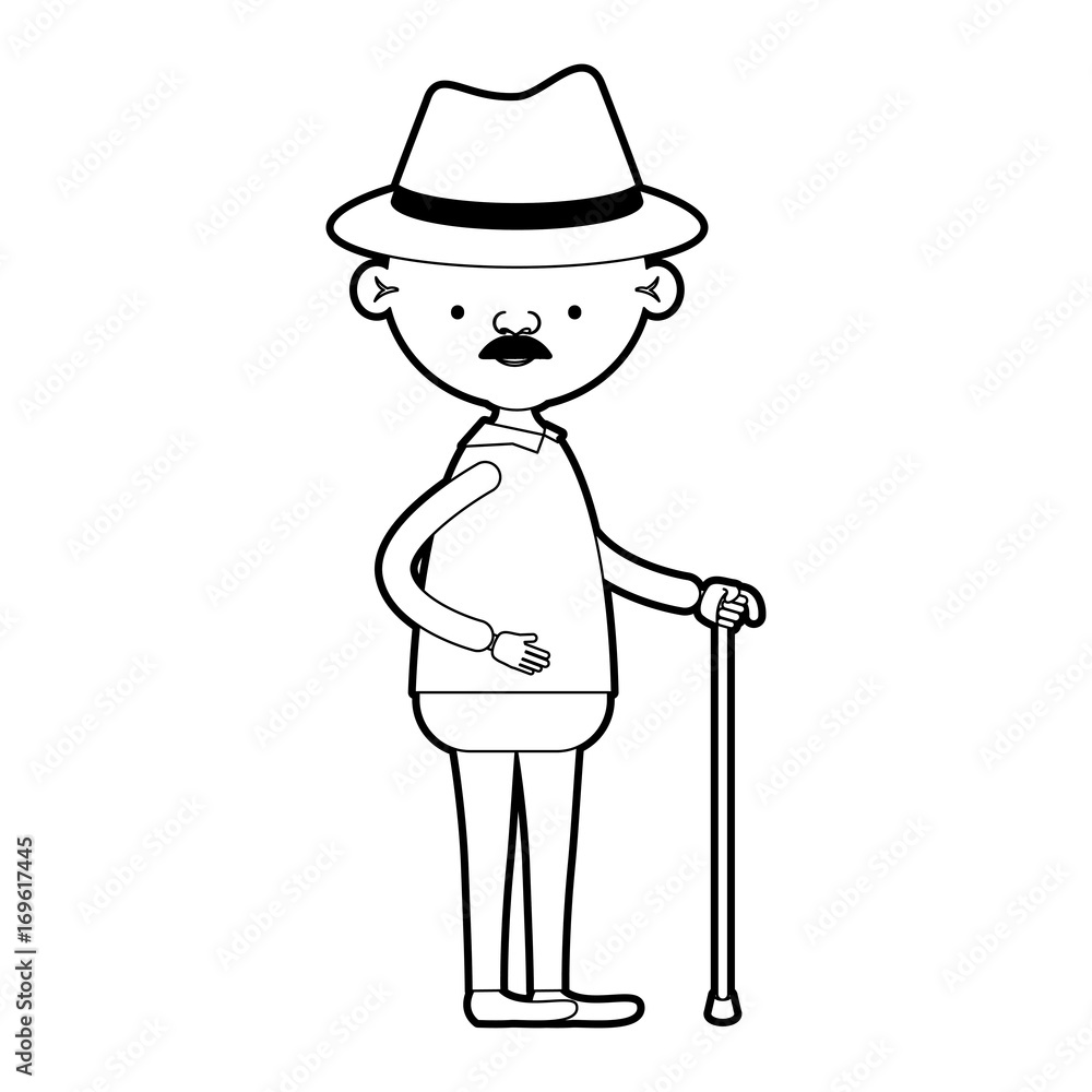 caricature full body grandfather in walking stick with moustache in black silhouette sections caricature full body grandfather in walking stick with moustache in black silhouette sections