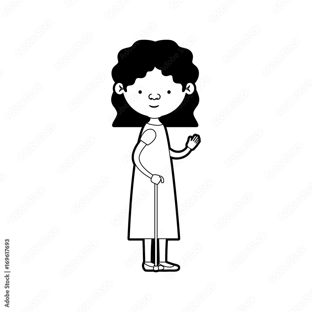 caricature full body elderly woman in walking stick with dress and short hairstyle in black silhouette sections caricature full body elderly woman in walking stick with dress and short hairstyle in black silhouette sections