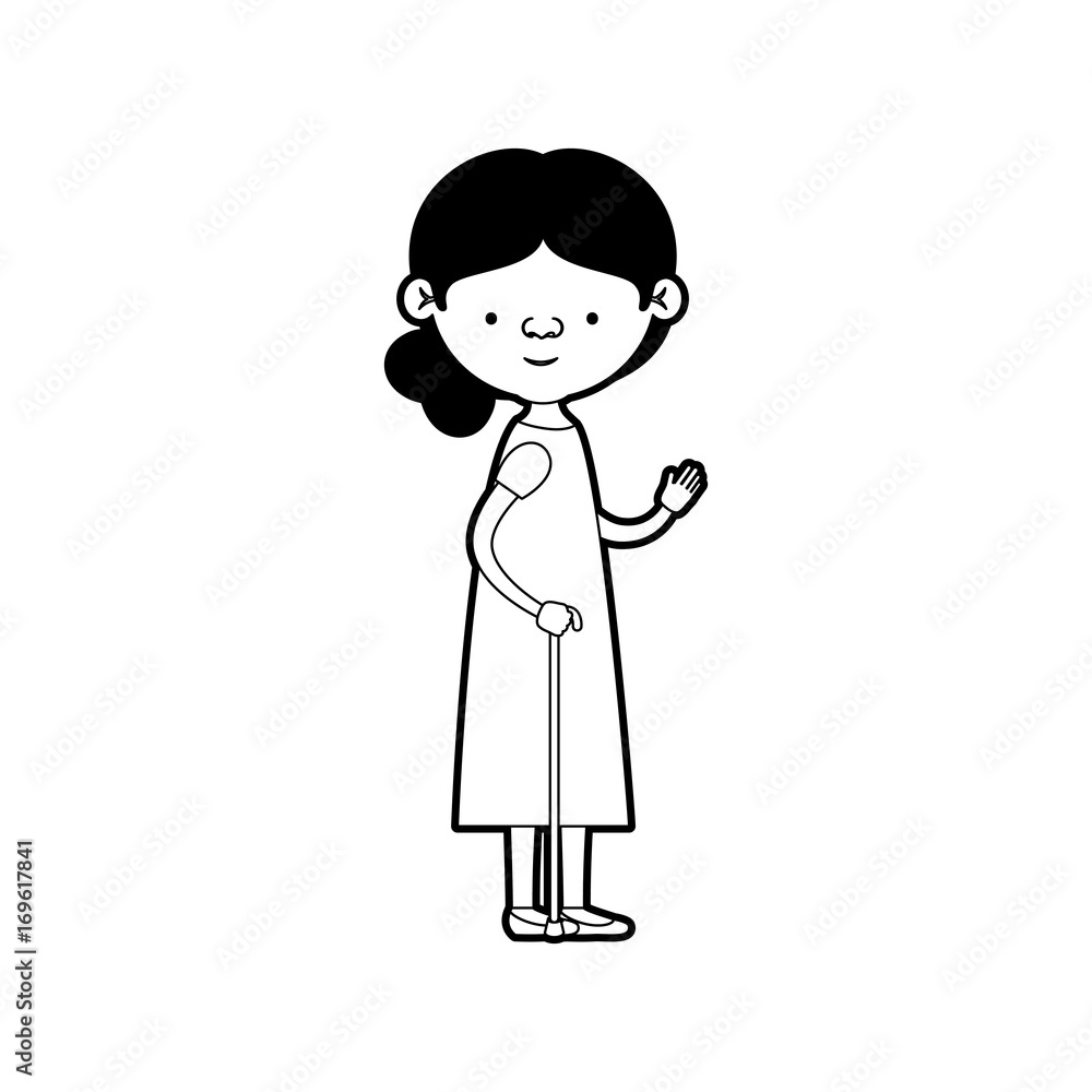 caricature full body elderly woman in walking stick with dress and side collected hairstyle in black silhouette sections caricature full body elderly woman in walking stick with dress and side collected hairstyle in black silhouette sections