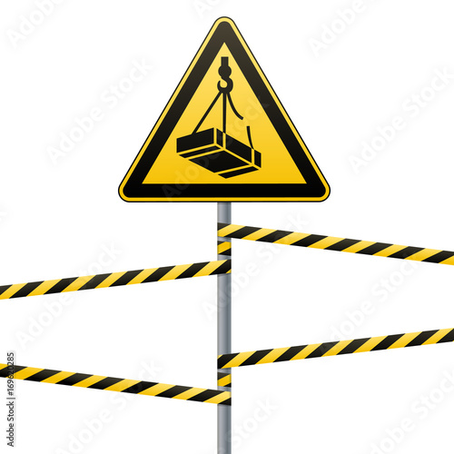 Caution - danger May fall from the height of the load. Safety sign. The triangular sign on a metal pole with warning bands. Light background. Vector illustration.