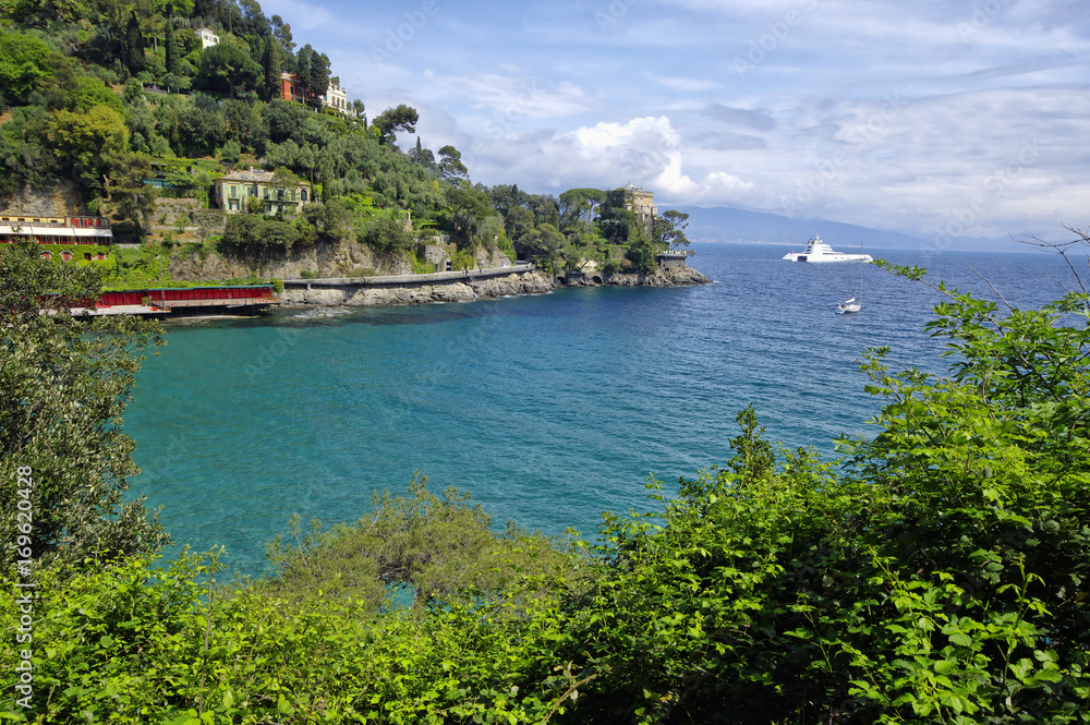 Coastline view  of suburban district of Portofino, Portofino is one of the most  famous holiday resort. Liguria region, Italy