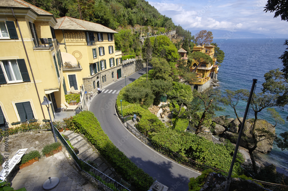 Coastline view of suburban district of Portofino, Portofino is one of the most  famous holiday resort. Liguria region, Italy