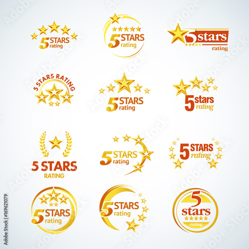 Golden Five stars round logo template set. Isolated Vector illustration