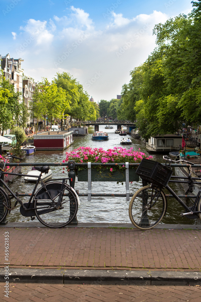 Amsterdam canal scene with bicycles and bridges..