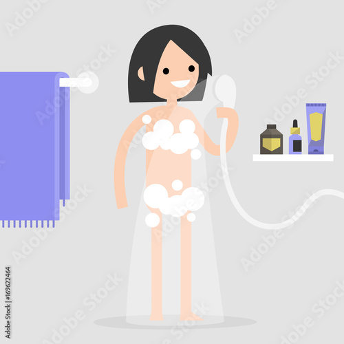 Young female character taking a shower in a bathroom / white and purple interior / flat editable vector illustration, clip art